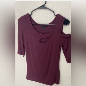 Goldray, Garima asymmetric cold shoulder top, burgundy, with a quarter sleeve.
